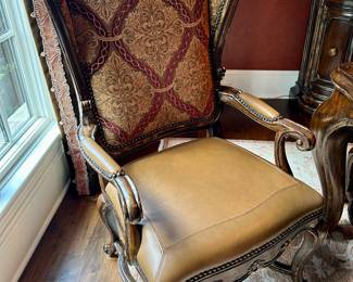 Marge Carson chairs. 2 arm chairs. Upholstered back, leather seat.