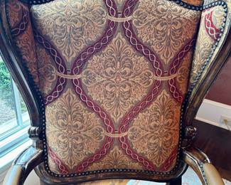 Marge Carson chairs. 2 arm chairs. Upholstered back, leather seat.