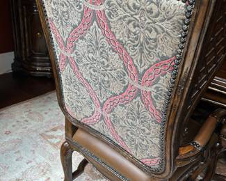 Marge Carson chairs. 2 arm chairs. Upholstered back, leather seat.