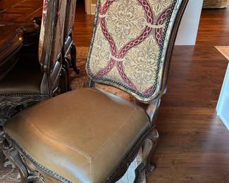 Marge Carson chairs. 6 side chairs. Upholstered back, leather seat.