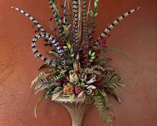 pair of wall sconce arrangement of dried flowers & feathers . 4' tall
