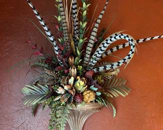 pair of wall sconce arrangement of dried flowers & feathers . 4' tall