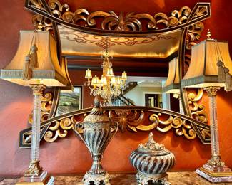 pair of John Richards glass, Lucite , silk shades lamps 41" tall.