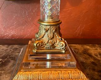 detail of base. John Richards glass, Lucite , silk shades lamps 41" tall.