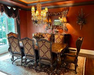 Marge Carson dining table + 8 chairs. 2 arm chairs, 6 side chairs. Table shown without leaf, measures 92" long. has 2 leafs.