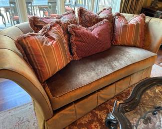 pair of Huntington House velvet sofas 95" wide.  silk pillows