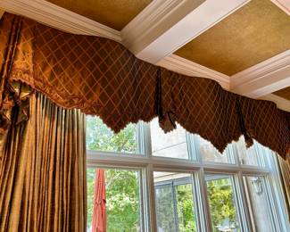 custom silk drapes, lined. 14'3" wide, 10'3" tall