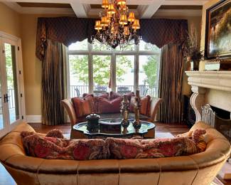 Pair of Huntington House sofas, John Richard chandelier