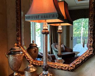 Pair of John Richard lamps. Silk shade, 44" tall