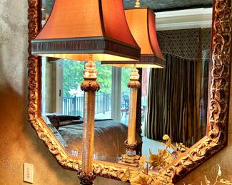 Pair of John Richard lamps. Silk shade, 44" tall