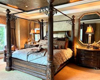 Marge Carson bedroom suite with a California King bed and John Richard lamps