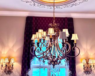 grand entry way John Richard Chandelier and complimentary 3 light wall scones