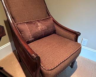 upholstered side arm chairs with elephant motifs by Clayton Marcus