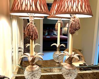 Pair of glass pineapple vanity lamps. Silk shade, 35” tall
