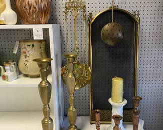 Brass Fireplace Screen, Large Vtg Brass Candle Sticks, and Handmade Dripped Vase