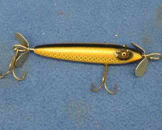 Lot 13: Heddon cup-rigged shiner scale paint model Torpedo with Stanley props