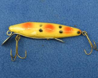 Lot 14: Early  Strawberry Spot Keeling Tom Thumb bait with pat. 7-6-20 stamped on the hardware