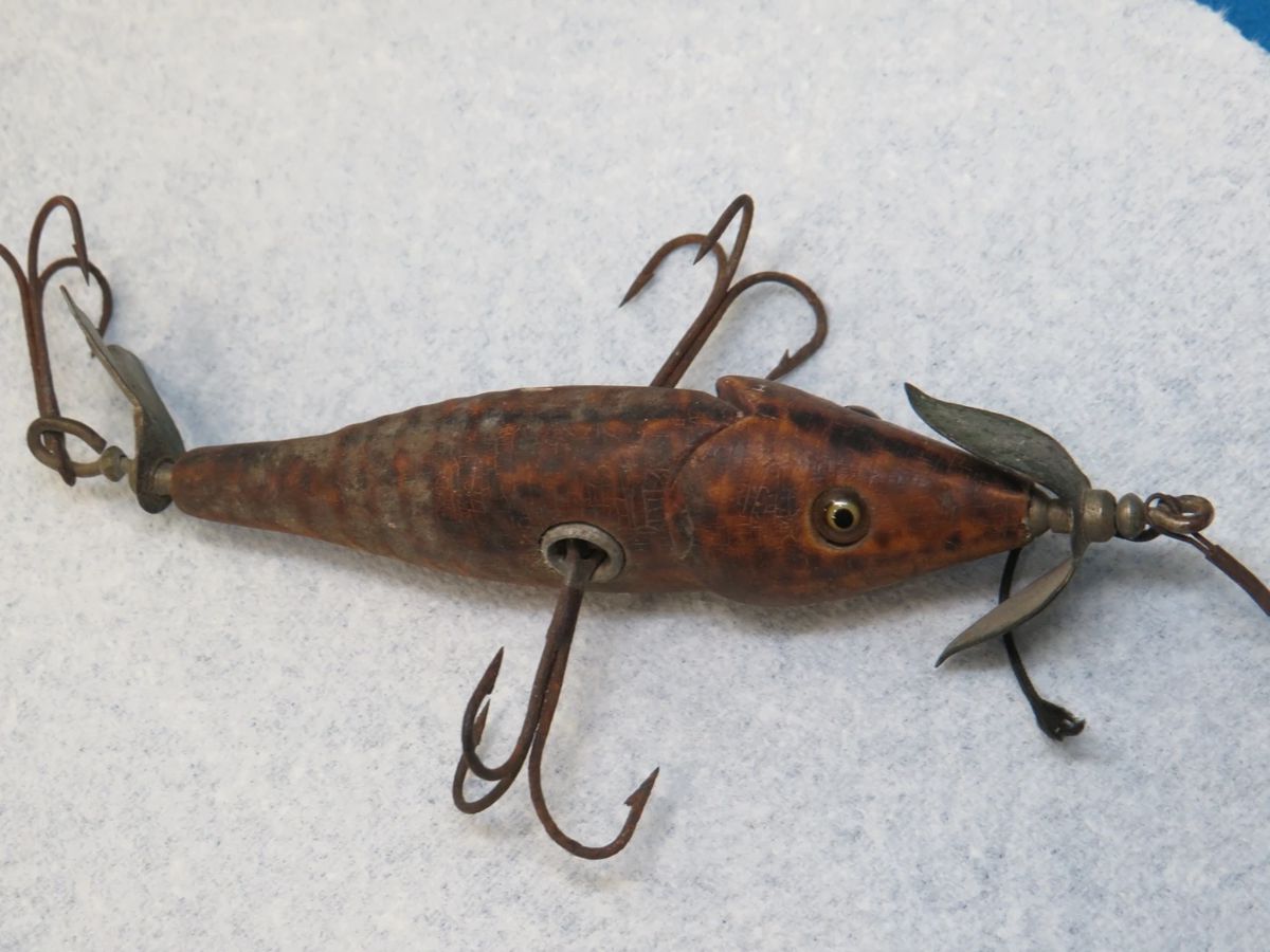 Lot 20: Rare antique original Wilcox Wiggler Underwater Minnow fishing lure. One like it sold in 2012 for $7,500
