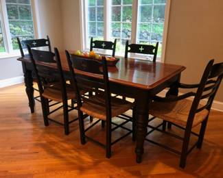 Farmhouse Style Dining Table w/ Black Turned Legs, Stained Wood Top & 6 Chairs