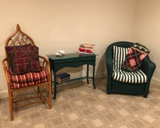 Wicker Chair, Side Table, Pillows