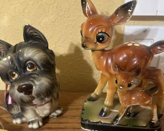 vintage scotty dog bank and Bambi & Mother figurine