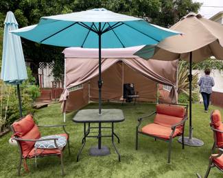 Outdoor furniture- chairs, tables, umbrellas, pop up , garden supplies, wicker sofa, & wicker bar 