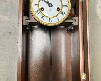 German pendulum "Vienna Regulator" style wall clock is by Gustav Becker (with the crown and GB marking - and GB initials side screen). It looks to date to early 20th century