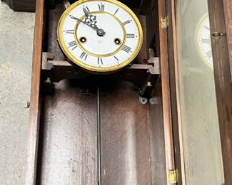 German pendulum "Vienna Regulator" style wall clock is by Gustav Becker (with the crown and GB marking - and GB initials side screen). It looks to date to early 20th century