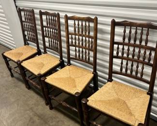 Vintage English Lancashire Spindle Dining Chairs, they are from the 1900s (20th Century), and are worth around $750 for your set of 4 today.
The style is known as English or Traditional today, and are timeless chairs.
