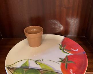 BC. Signed vegetable dish with attached dish for dip