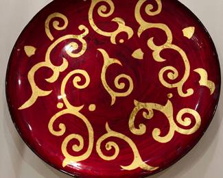 Red and gold glass serving dish