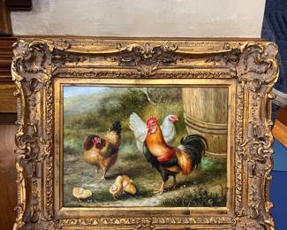 Painting of chickens in a beautiful frame