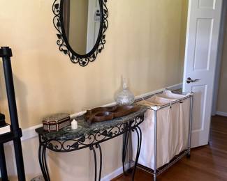 Entryway table, mirror, laundry basket