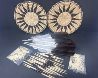 Black & White - Hand Woven Coil Trivets, Feathers, & Porcupine Quills