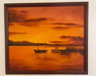 Sunset & Sailboats Original Framed Painting