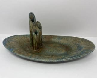 Green Blue Art Pottery Bamboo Plant Cutting Tray - Signed Kvalheim