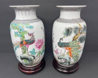 Pair of Vintage Chinese Signed Zhongguo Jingdezhen Zhi Porcelain Vases