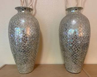 2 Geometric Pattern Floor Vase w/ Mirrored Glass Mosaic - 22"T