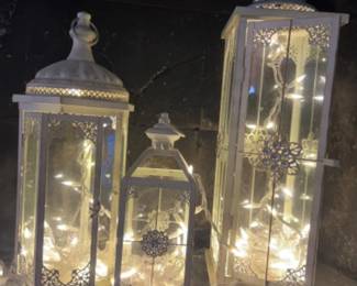 Trio of White Metal Lanterns with String Lights