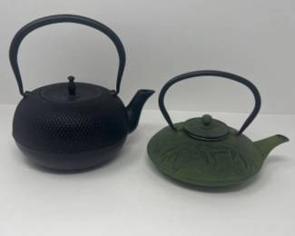 2 Cast Iron Teapots - Black & Green Bamboo