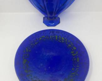 Vintage Cobalt Blue Fan Glass Vase & Iridescent Blue Plate
