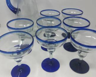 Cobalt Blue Rimmed Glass Margarita Pitcher & 8 Glasses