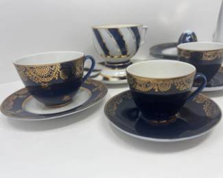 Lomonosov Cobalt Blue Coffee Teacups, Saucers, Plates & Egg