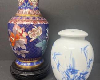 Cobalt Blue Cloisonne Vase & Blue White Porcelain Ginger Jar