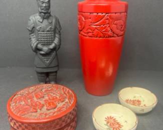 Vintage Carved Cinnabar Lacquer Round Box & Kamakura Vase