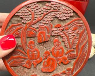 Vintage Carved Cinnabar Lacquer Round Box & Kamakura Vase