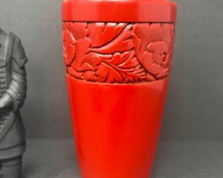Vintage Carved Cinnabar Lacquer Round Box & Kamakura Vase