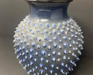 Hand Thrown Blue Pottery Vase With Pointed Applique - Signed