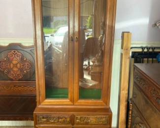 Vintage Solid Wood Display Cabinet Case w/ Carved Hunting Motif