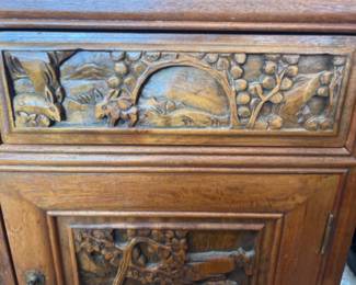 Vintage Solid Wood Display Cabinet Case w/ Carved Hunting Motif